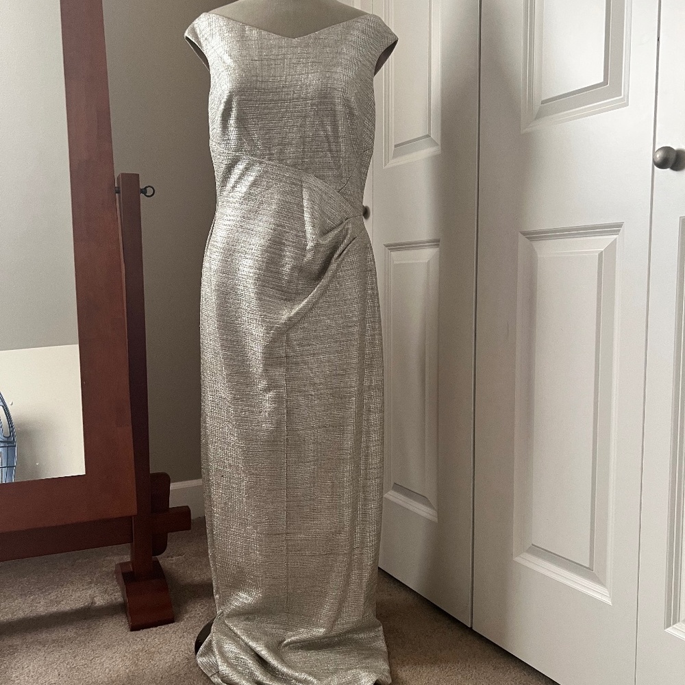 Taupe/silver Ralph Lauren gown. Off the shoulder.  Column style. Size 10